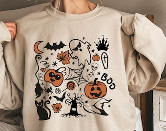 Halloween Doodles Sweatshirt, Cute Spooky Sweatshirt, Funny Halloween Shirt, Pumpkin Hoodie, Fall Crewneck, Halloween Graphic Tees For Women
