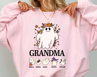 Custom Halloween Grandma Sweatshirt With Grandkids Name, Halloween Grandma Shirt, Spooky Grandma Shirt, Grandma Ghost Shirt, Halloween Gifts