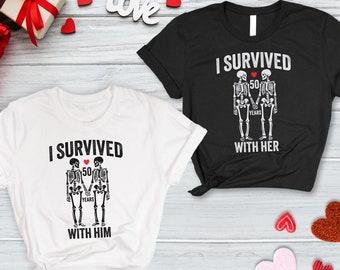 I Survived 50 Years With Him Her Shirt, 50th Wedding Anniversary Shirts For Couples, 50th Anniversary Gifts For Parents,Matching Couples Tee