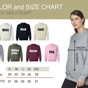 a woman wearing a sweatshirt with the words, color and size chart
