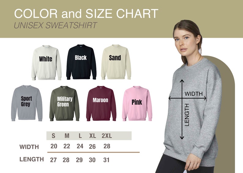 a woman wearing a sweatshirt with the words, color and size chart