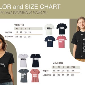 Puede incluir: Tabla de colores y tallas para camisetas con cuello en V para j&oacute;venes y mujeres. La tabla muestra las medidas de ancho y largo en cm. Los colores disponibles son blanco, negro, azul marino, rosa brezo, gris oscuro brezo y rosa polvoriento.