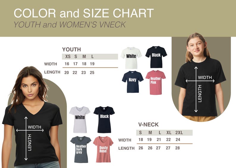 Puede incluir: Tabla de colores y tallas para camisetas con cuello en V para j&oacute;venes y mujeres. La tabla muestra las medidas de ancho y largo en cm. Los colores disponibles son blanco, negro, azul marino, rosa brezo, gris oscuro brezo y rosa polvoriento.
