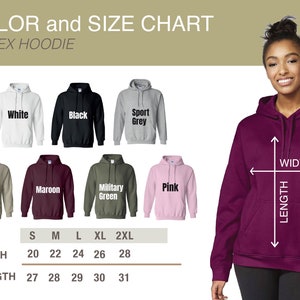 a women's hoodie with the words, color and size chart