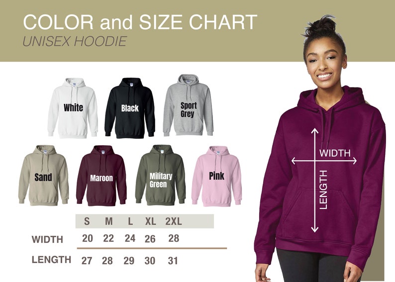 a women's hoodie with the words, color and size chart