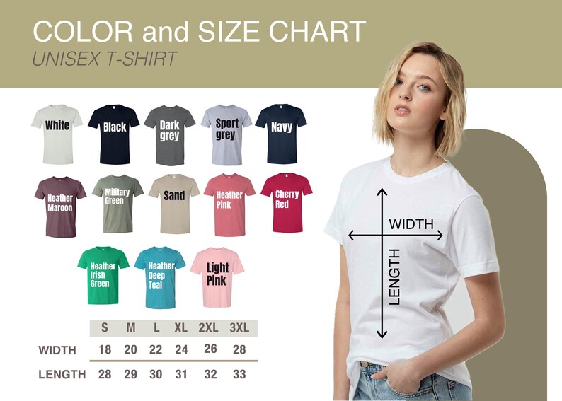 Puede incluir: Tabla de colores y tallas para camisetas unisex. La tabla muestra varios colores de camisetas, incluyendo blanco, negro y marino. Las tallas van de la S a la 3XL, con anchos de 45,7 a 71,1 cm y largos de 71,1 a 83,8 cm.
