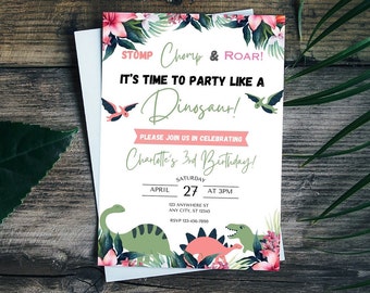 Dinosaur Birthday Invitation Girl Editable Template Digital Download Dinosaur Birthday Instant Download Dino Birthday Party Invite Canva