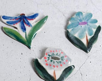 Handmade Blue Porcelain Flower Pins, Mid-Century Modern Ceramic Accessory