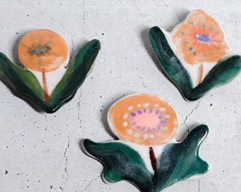 Yellow Porcelain Flower Pins, Handmade Ceramic Floral Accessory, Mid-Century Modern Style