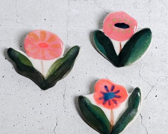 Handmade Porcelain Flower Pins, Pink Floral Accessory, Mid-Century Style