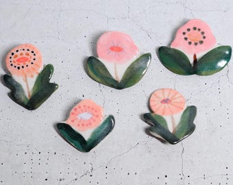 Handmade Porcelain Flower Pins, Pink Floral Accessory, Mid-Century Modern Style
