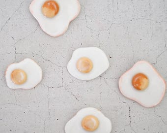 Handmade Porcelain Fried Egg Pins, Quirky Breakfast Accessory, Mid-Century Modern Style