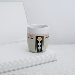 16 oz. White Ceramic Tumbler, Porcelain, Handmade, Multicolored, Gift, Coffee Lovers, Tea Cup, Handcrafted, Vintage and Mid-century Inspired