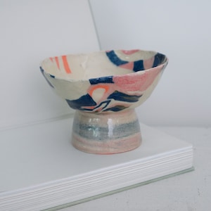 Ceramic Fruit Bowl, Stoneware, Nerikomi Style, Pedestal Decorative Bowl, Fruit Basket For Kitchen, Housewarming Gift, Home Decor For Kitchen