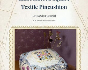 Square textile pincushion with bees : DIY Sewing Tutorial (PDF Pattern and instructions )