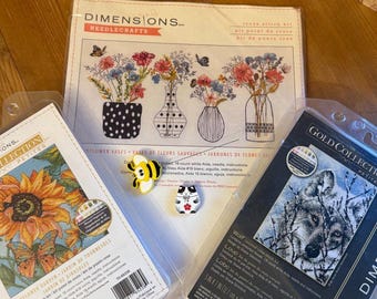 Dimensions Cross Stitch Kit Set, Wolf, Wildflower, Sunflower, Needle Minder,Bee Tail Tucker