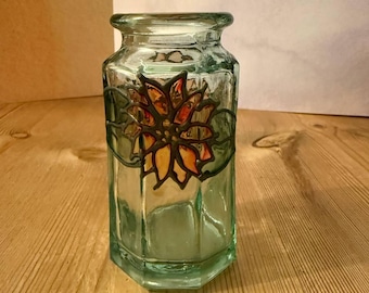 Vintage octagonal Collectible Glass Jar with painting