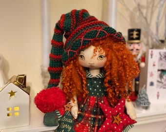 Handmade Christmas Elf Textile interior  Doll, Scottish Style, OOAK Collectible, circus retro style