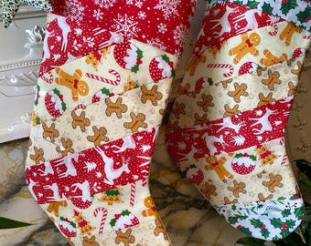 Handmade patchwork Christmas Stocking, Gingerbread Men Decor in retro style