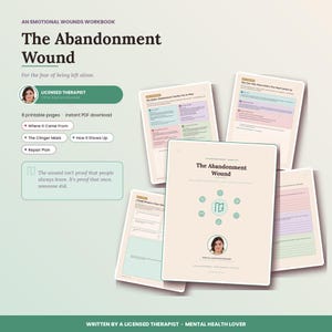 Può includere: Un quaderno di esercizi digitale intitolato The Abandonment Wound, che comprende otto pagine stampabili con sezioni su traumi, piani di riparazione e guarigione emotiva. Il documento include testo, elenchi puntati e un profilo del terapeuta, presentato in una delicata tavolozza di colori crema, verde e viola.