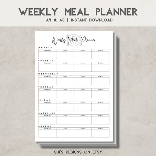 Weekly Meal Planner ⎪Time-saving Planner ⎪Meals Organization⎪Healthy habits Tracker⎪Digital and Printable ⎪ Instant Download PDF ⎪ A4 & A5