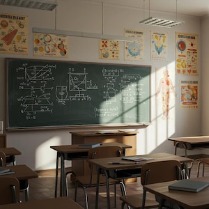 May include: An empty classroom with wooden desks and chairs, a chalkboard covered in equations, and educational posters on the walls. Sunlight streams through the windows, illuminating the room. The text "Professional Zoom Background High Resolution 1080px" is visible.