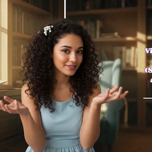 Puede incluir: Una mujer con cabello oscuro y rizado que lleva un vestido azul claro, con un accesorio floral para el cabello. El texto "Sharp Version" está en la esquina superior izquierda y "Blurry Version" en la esquina superior derecha. También es visible el texto "Video with color transition (Sharp Version) and (Blurred Version)".