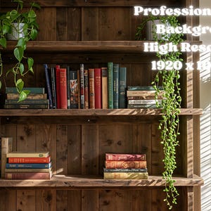 May include: A rustic wooden bookshelf filled with vintage books of various colors. Potted plants hang from the top and sides, adding a touch of greenery. The text "Professional Zoom Background High Resolution 1920 x 1080pt" is visible.