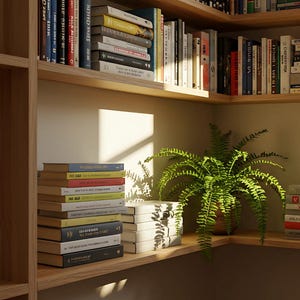 Puede incluir: Una estantería de esquina con libros y un helecho en maceta. Los estantes son de madera clara y las paredes de color neutro. El texto en la pared dice "Professional Zoom Background High Resolution 1920 x 1080px."