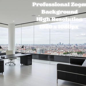 Puede incluir: Una oficina moderna con vista panorámica de la ciudad. La habitación cuenta con un gran escritorio negro, una silla giratoria y un sofá de cuero negro. El texto en la imagen dice "Professional Zoom Background High Resolution 1920 x 1080px."