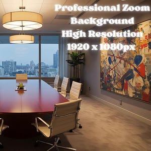 Puede incluir: Una sala de conferencias moderna con una gran mesa ovalada de color burdeos rodeada de sillas color crema. Dos pinturas abstractas cuelgan de las paredes. El texto "Professional Zoom Background High Resolution 1920 x 1080px" es visible.