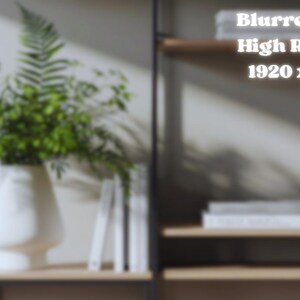 Puede incluir: Un jarrón blanco lleno de plantas verdes sobre una estantería de madera. La estantería forma parte de una estantería metálica negra. El texto "Blurred version High Resolution 1920 x 1080px" es visible.