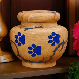 Wooden Pet Urn with Paw Prints, cremation urn for pets ashes