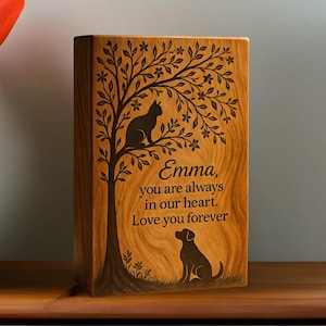 Urne commémorative personnalisée pour animal de compagnie : boîte à cendres en bois gravée avec arbre