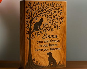 Personalized Pet Memorial Urn: Engraved Wooden Ashes Box with Tree