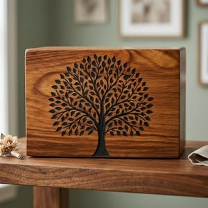 Hand Carved Rosewood Memorial Urn – Tree of Life Funeral Keepsake Box for Human Ashes