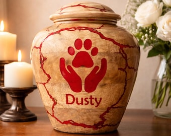 Handcrafted Wooden Pet Urn: Fractal Burn Paw Prints, Custom Memorial