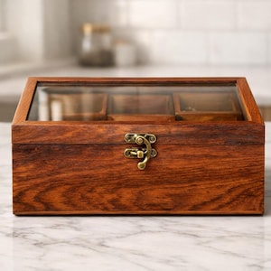 Solid Rosewood Spice Organizer with Glass Lid – 6 9 12 Compartment Storage Chest, Rustic Countertop Display,