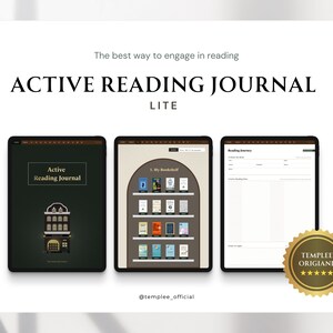 May include: A digital template for an active reading journal, featuring a bookshelf, reading journey, and a cover page with a building illustration. The template is labelled "Active Reading Journal Lite" and has a gold seal with the text "TEMPLEE ORIGIANL" and five stars.