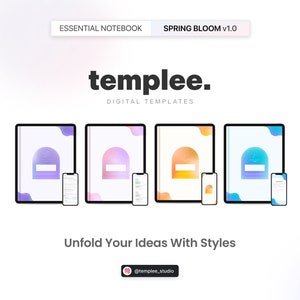Op de afbeelding: Vier digitale notitieboek sjablonen met verschillende kleurverlopen. De sjablonen hebben een afgeronde boogvorm met een wit rechthoek erin. De tekst "templee. DIGITAL TEMPLATES" staat bovenaan de afbeelding. De tekst "Unfold Your Ideas With Styles" staat onderaan de afbeelding. De tekst "@templee_studio" staat rechtsonder in de afbeelding.