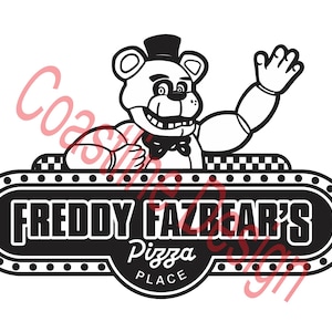 May include: A black and white graphic featuring Freddy Fazbear, a bear character, waving from above a sign. The sign reads "FREDDY FAZBEAR'S Pizza PLACE" in a stylized font, with a dotted border.
