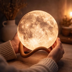 May include: A glowing moon-shaped lamp held by hands. The lamp has a detailed surface resembling the moon's craters and is supported by a wooden base. The lamp emits a warm, soft light, creating a cozy ambiance. The lamp is a decorative home decor item.