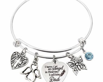 Angel in Heaven Dad Bracelet, Memorial Father Charm Bangle, Sympathy Gift for Loss of Dad, Remembrance Jewelry