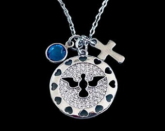 Holy Spirit Dove Necklace Birthstone Cross Necklace Stainless Steel Chain Christian Faith Jewelry Gift