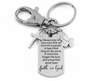 Faith in God Keychain Personalized Christian Gift Religious Key Ring Inspirational Prayer Quote Cross Charm