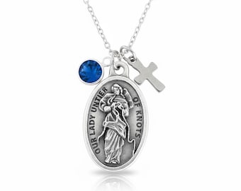 Mary Untier of Knots Necklace: Silver Catholic Medal, Cross, and Birthstone