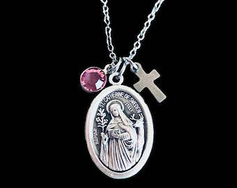 Saint Catherine of Sweden Medal Necklace: Silver-Plated Catholic Jewelry Gift, Personalized Birthstone, Patron of Philosophers, Protection