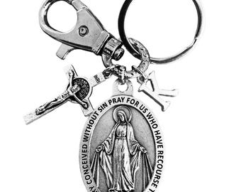 Personalized Miraculous Medal Keychain: Catholic Crucifix Religious Gift Virgin Mary