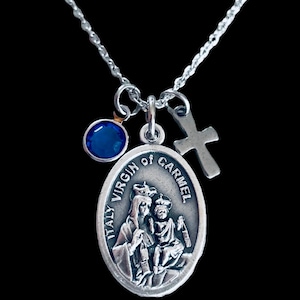 Virgin of Carmel Necklace: Italian Medal, Cross & Birthstone