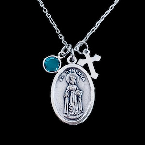 Saint Dymphna Necklace: Oxidized Silver Medal, Cross & Birthstone